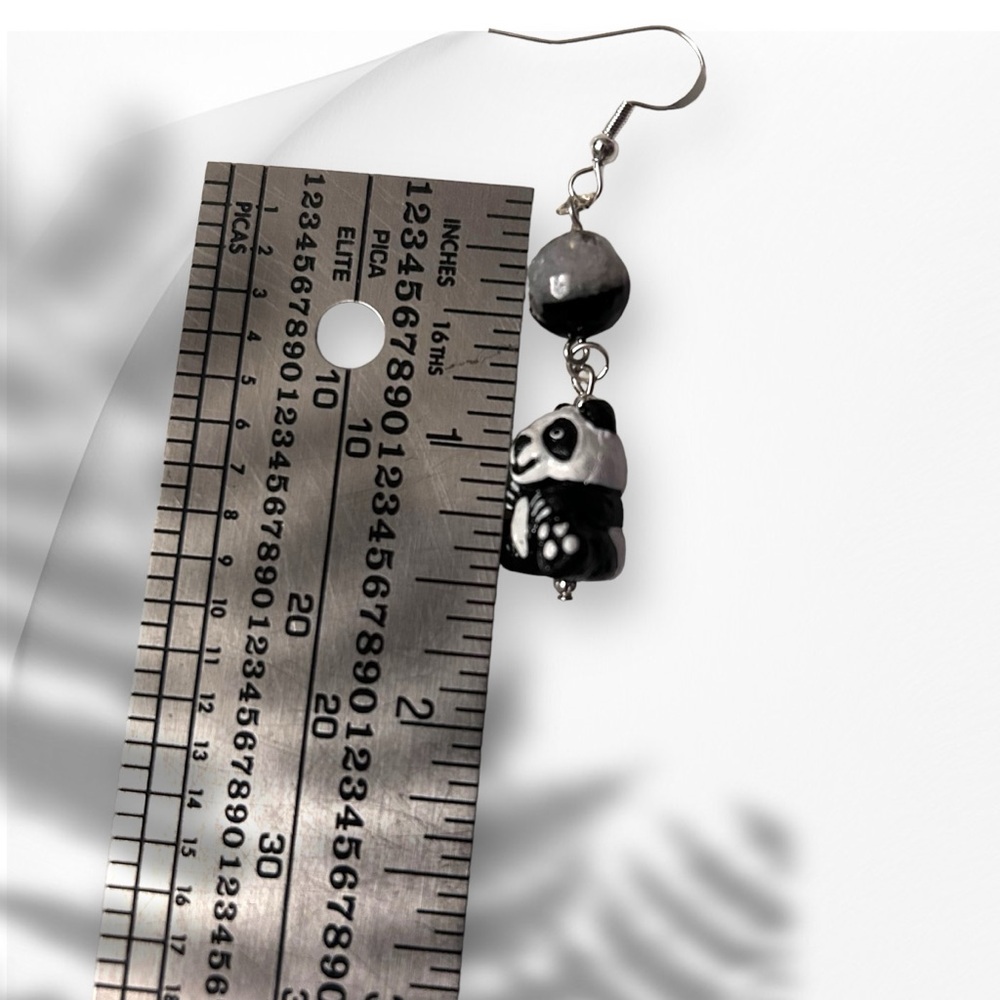 Handmade Earrings Panda Bear Onyx Quartz Dangle Pierced Whimsical Animals - Picture 7 of 7